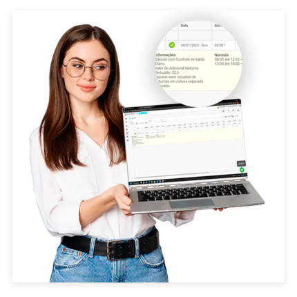 Uma mulher segurando um notebook com várias informações em tela
