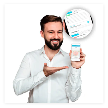 Um homem mostrando a tela de um smarthpone que ele está segurando