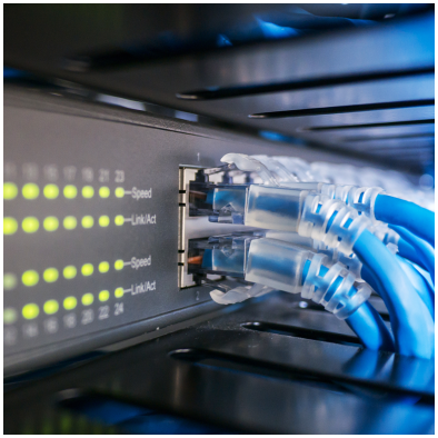 Diversos cabos de rede conectados a um switch