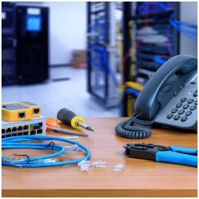 Um telefone, um alicate de grimpagem, uma chave de fenda, um cabo de rede e um switch em cima de uma mesa